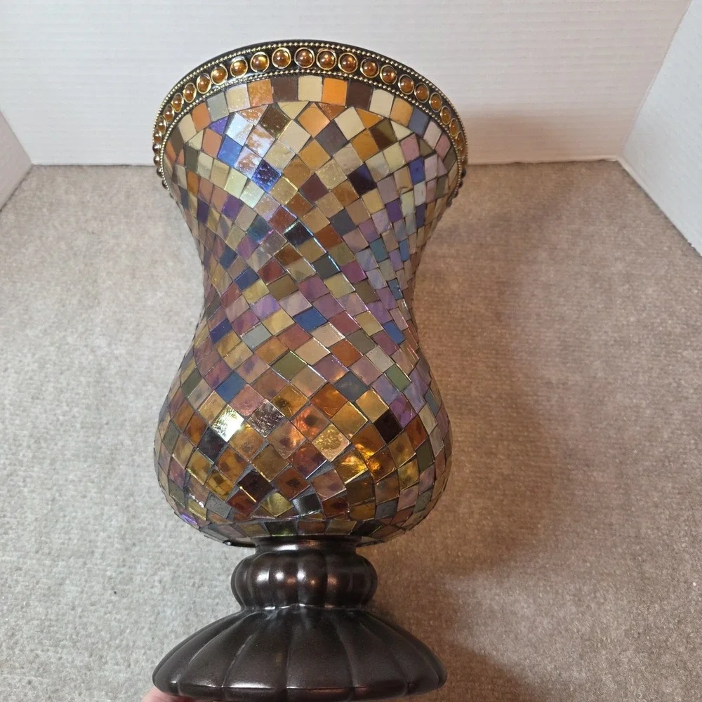 PartyLite GLOBAL FUSION Hurricane Mosaic Glass Rainbow Candle Holder 12" Tall - Picture 5 of 8